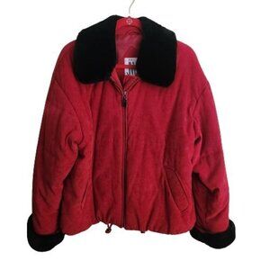 Jones New York Vintage Red Black Faux Suede Faux Fur Trim Bomber Jacket Size L